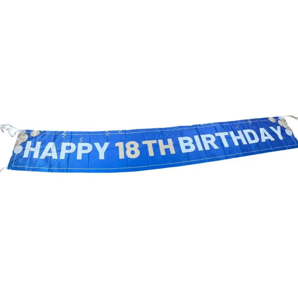 Happy 18th Birthday Banner Blue Gold Wall Flag Ribbon Party Backdrop 9.5ft Sign